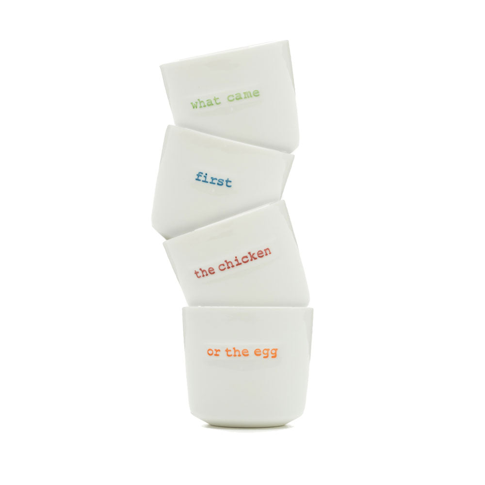 Keith Brymer Jones Set of 4 Egg Cups - what came first the chicken or the egg